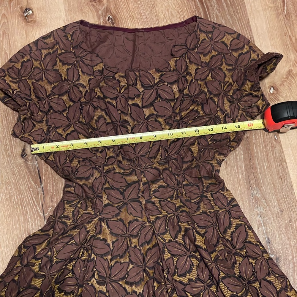 1950’s vintage brown gold fall leaves dress retro full circle skirt XS VLV pinup - Picture 4 of 11